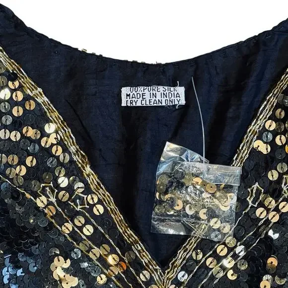 Vintage Women’s Sz S NWT Black Gold Sequin Butterfly Top 70s Deadstock Silk Boho